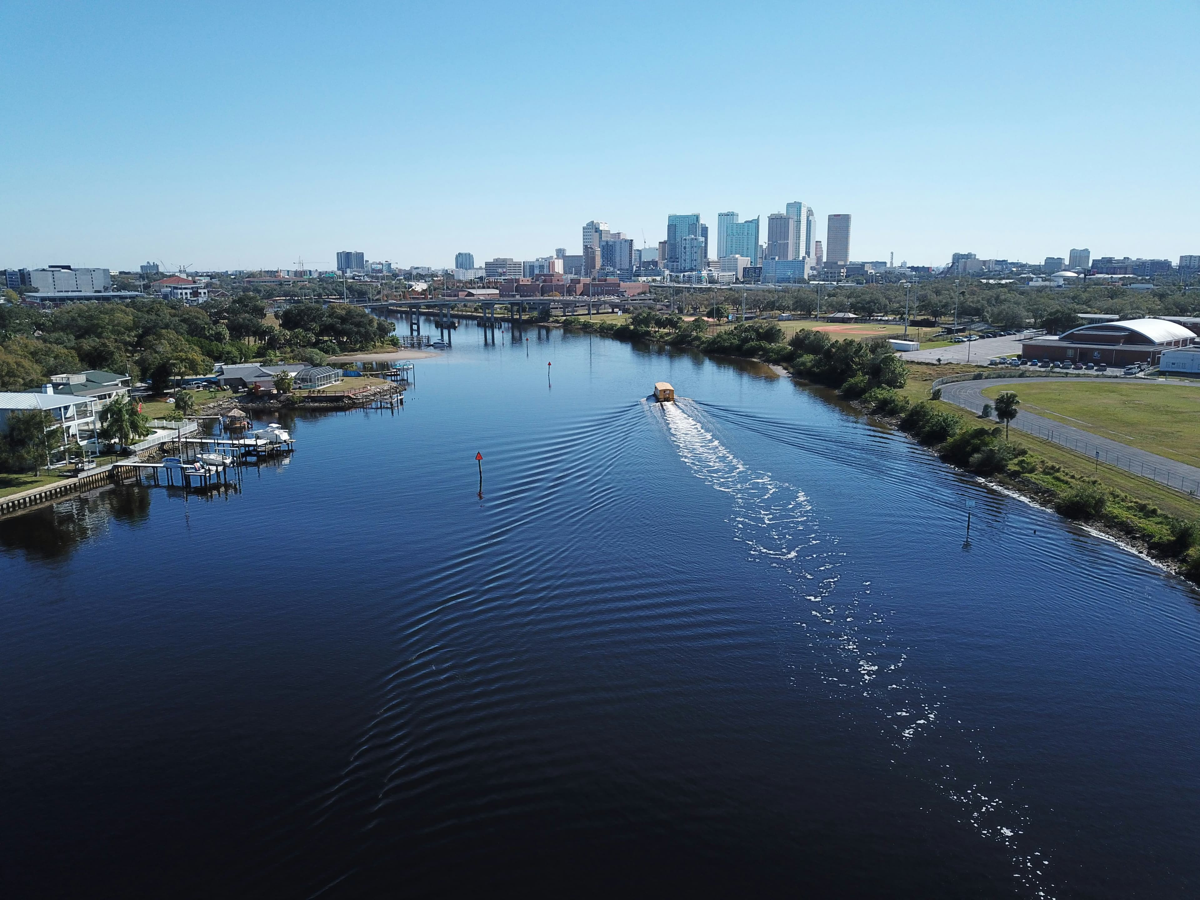 Aerial view of the Hillsborough River and downtown Tampa skyline